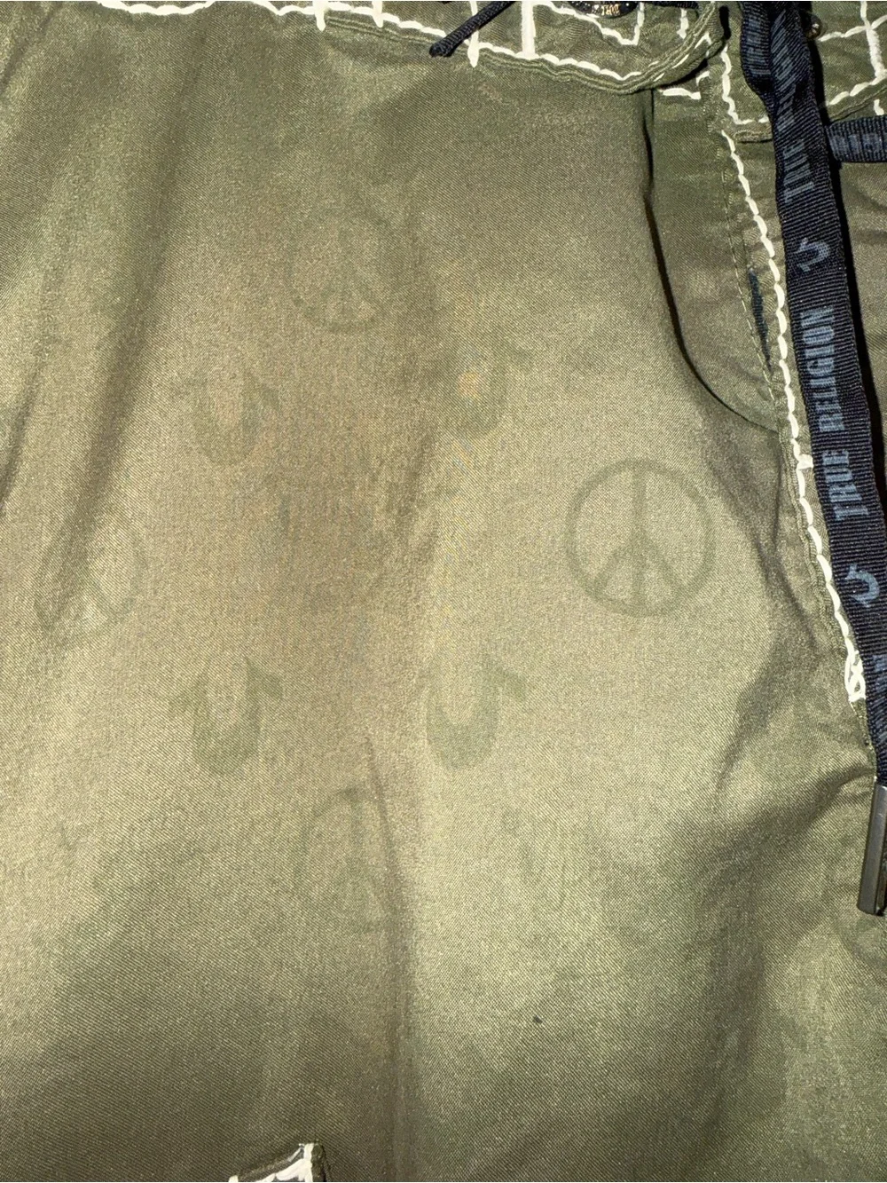 True Religion Olive Green Men's Swim Board Shorts with Contrast Stitching